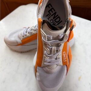 Fendi White and Orange Flow Sneakers